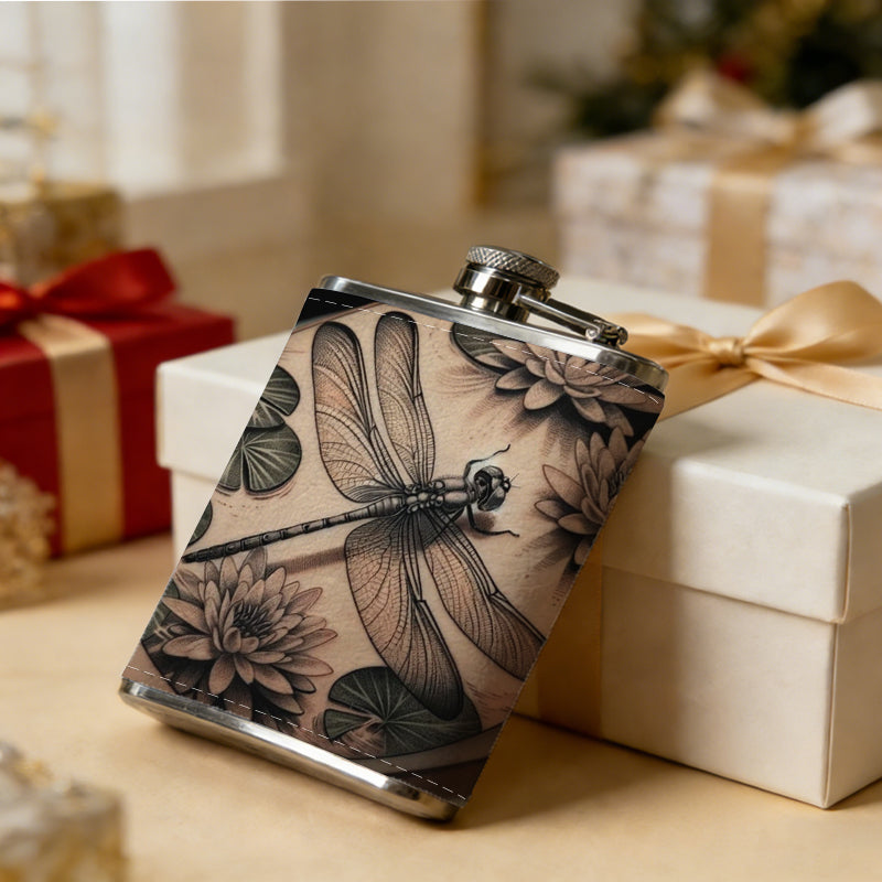 Dragonfly and dried floral decor 8oz Flask, Stainless Steel Whiskey Bottle Gift  for Women, Home Kitchen Bar Tools, Gift Box, Holiday Gift, Christmas, Valentine's Day, Girlfriend, Mom, Present