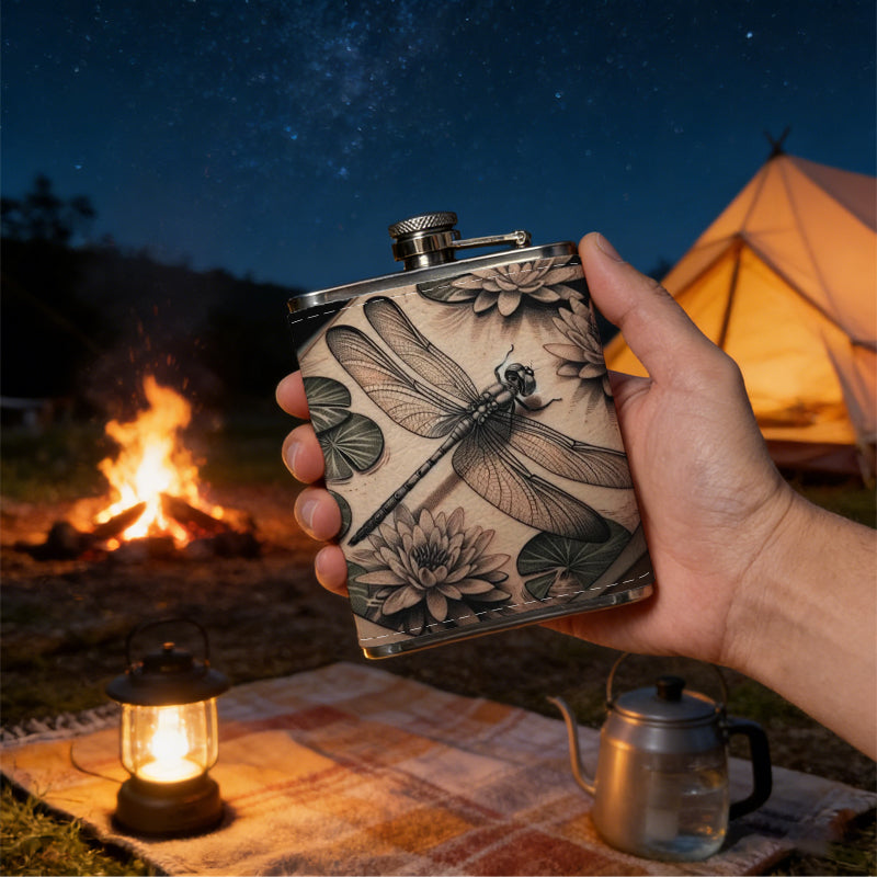 Dragonfly and dried floral decor 8oz Flask, Stainless Steel Whiskey Bottle Gift  for Women, Home Kitchen Bar Tools, Gift Box, Holiday Gift, Christmas, Valentine's Day, Girlfriend, Mom, Present