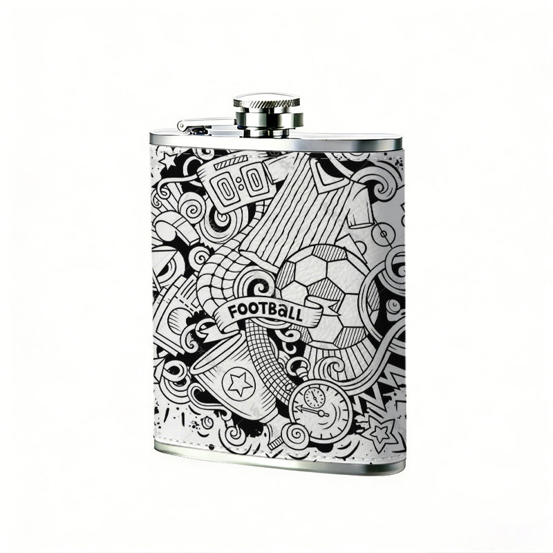 Black and white football sports doodle 8oz Flask, Stainless Steel Whiskey Bottle Gift  for Women, Home Kitchen Bar Tools, Gift Box, Holiday Gift, Christmas, Valentine's Day, Girlfriend, Mom, Present