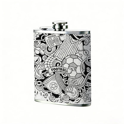Black and white football sports doodle 8oz Flask, Stainless Steel Whiskey Bottle Gift  for Women, Home Kitchen Bar Tools, Gift Box, Holiday Gift, Christmas, Valentine's Day, Girlfriend, Mom, Present
