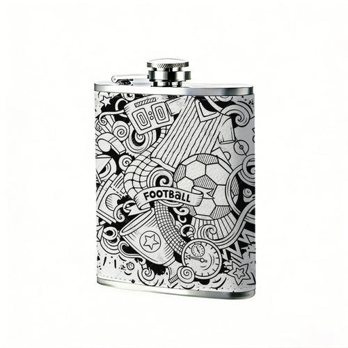Black and white football sports doodle 8oz Flask, Stainless Steel Whiskey Bottle Gift  for Women, Home Kitchen Bar Tools, Gift Box, Holiday Gift, Christmas, Valentine's Day, Girlfriend, Mom, Present