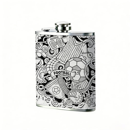 Black and white football sports doodle 8oz Flask, Stainless Steel Whiskey Bottle Gift  for Women, Home Kitchen Bar Tools, Gift Box, Holiday Gift, Christmas, Valentine's Day, Girlfriend, Mom, Present