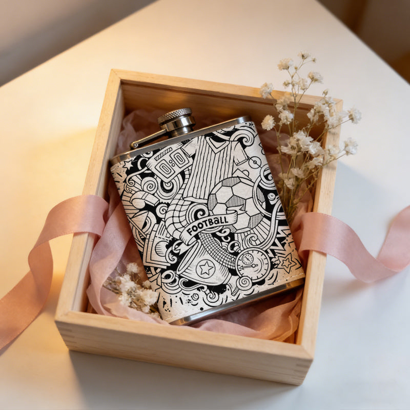 Black and white football sports doodle 8oz Flask, Stainless Steel Whiskey Bottle Gift  for Women, Home Kitchen Bar Tools, Gift Box, Holiday Gift, Christmas, Valentine's Day, Girlfriend, Mom, Present