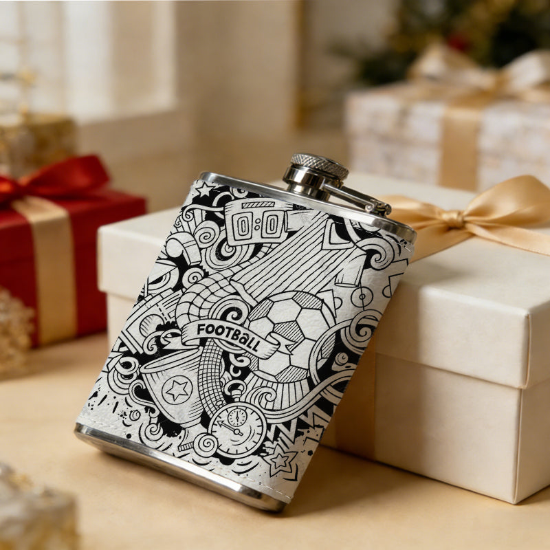 Black and white football sports doodle 8oz Flask, Stainless Steel Whiskey Bottle Gift  for Women, Home Kitchen Bar Tools, Gift Box, Holiday Gift, Christmas, Valentine's Day, Girlfriend, Mom, Present