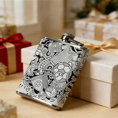 Black and white football sports doodle 8oz Flask, Stainless Steel Whiskey Bottle Gift  for Women, Home Kitchen Bar Tools, Gift Box, Holiday Gift, Christmas, Valentine's Day, Girlfriend, Mom, Present