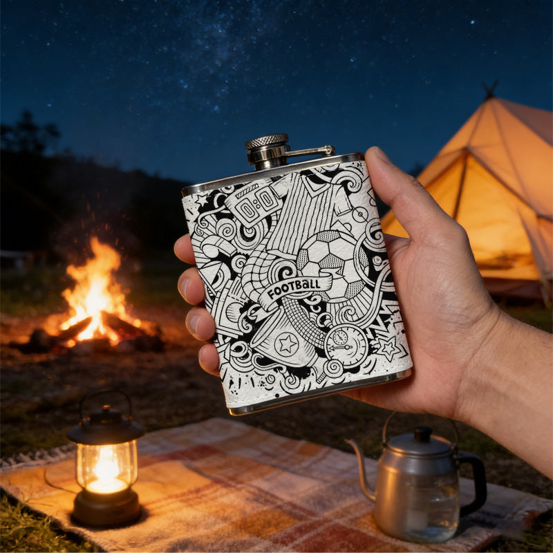 Black and white football sports doodle 8oz Flask, Stainless Steel Whiskey Bottle Gift  for Women, Home Kitchen Bar Tools, Gift Box, Holiday Gift, Christmas, Valentine's Day, Girlfriend, Mom, Present