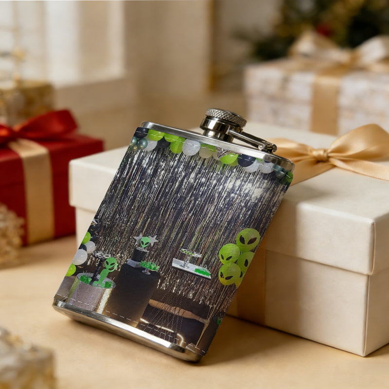 Alien themed party decor setup 8oz Flask, Stainless Steel Whiskey Bottle Gift  for Women, Home Kitchen Bar Tools, Gift Box, Holiday Gift, Christmas, Valentine's Day, Girlfriend, Mom, Present