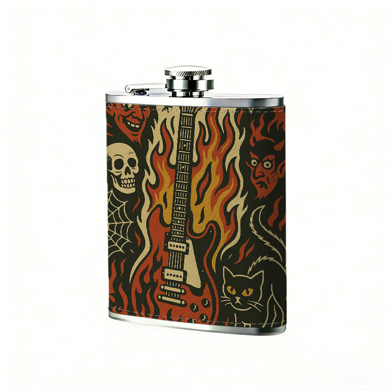 Electric guitar, skull, fire, demon face 8oz Flask, Stainless Steel Whiskey Bottle Gift  for Women, Home Kitchen Bar Tools, Gift Box, Holiday Gift, Christmas, Valentine's Day, Girlfriend, Mom, Present
