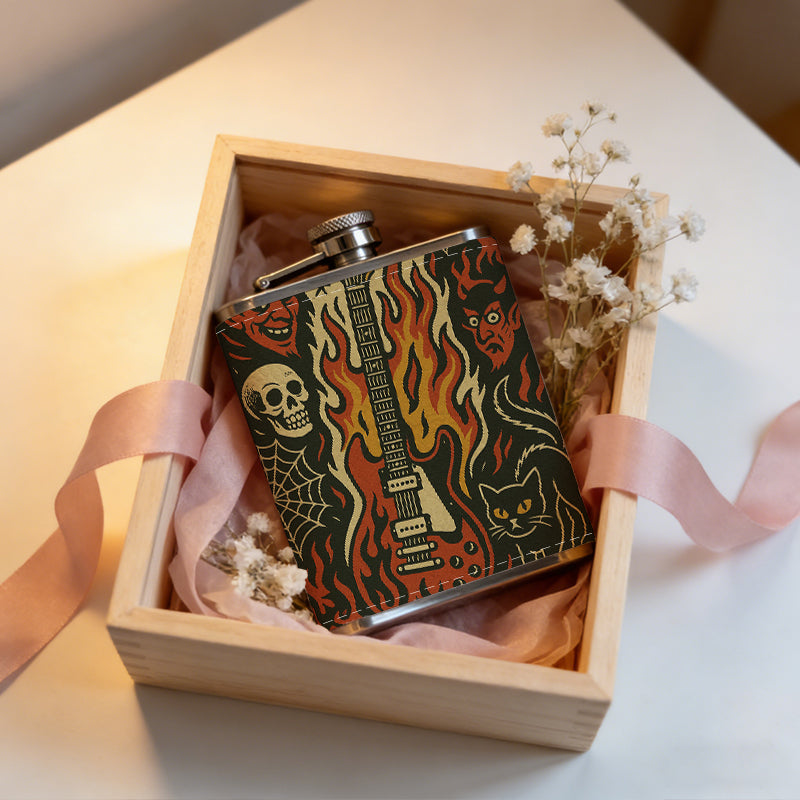 Electric guitar, skull, fire, demon face 8oz Flask, Stainless Steel Whiskey Bottle Gift  for Women, Home Kitchen Bar Tools, Gift Box, Holiday Gift, Christmas, Valentine's Day, Girlfriend, Mom, Present