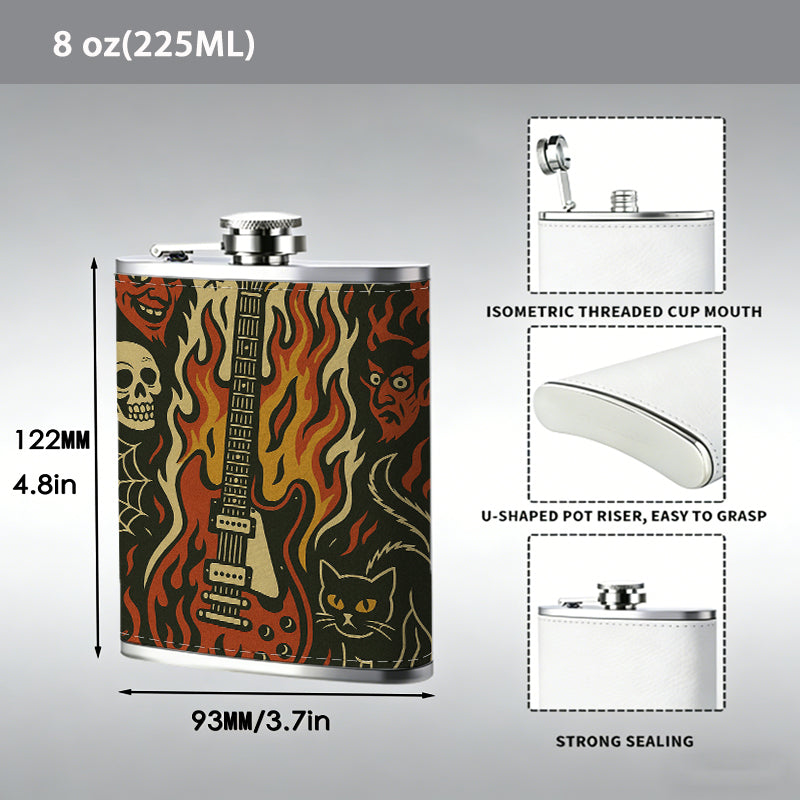 Electric guitar, skull, fire, demon face 8oz Flask, Stainless Steel Whiskey Bottle Gift  for Women, Home Kitchen Bar Tools, Gift Box, Holiday Gift, Christmas, Valentine's Day, Girlfriend, Mom, Present
