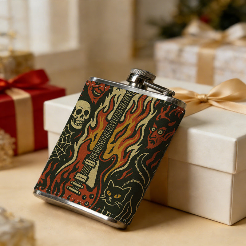 Electric guitar, skull, fire, demon face 8oz Flask, Stainless Steel Whiskey Bottle Gift  for Women, Home Kitchen Bar Tools, Gift Box, Holiday Gift, Christmas, Valentine's Day, Girlfriend, Mom, Present