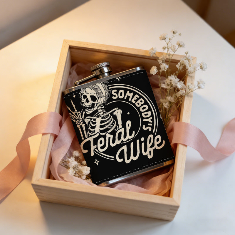Cartoon skeleton text logo 8oz Flask, Stainless Steel Whiskey Bottle Gift  for Women, Home Kitchen Bar Tools, Gift Box, Holiday Gift, Christmas, Valentine's Day, Girlfriend, Mom, Present
