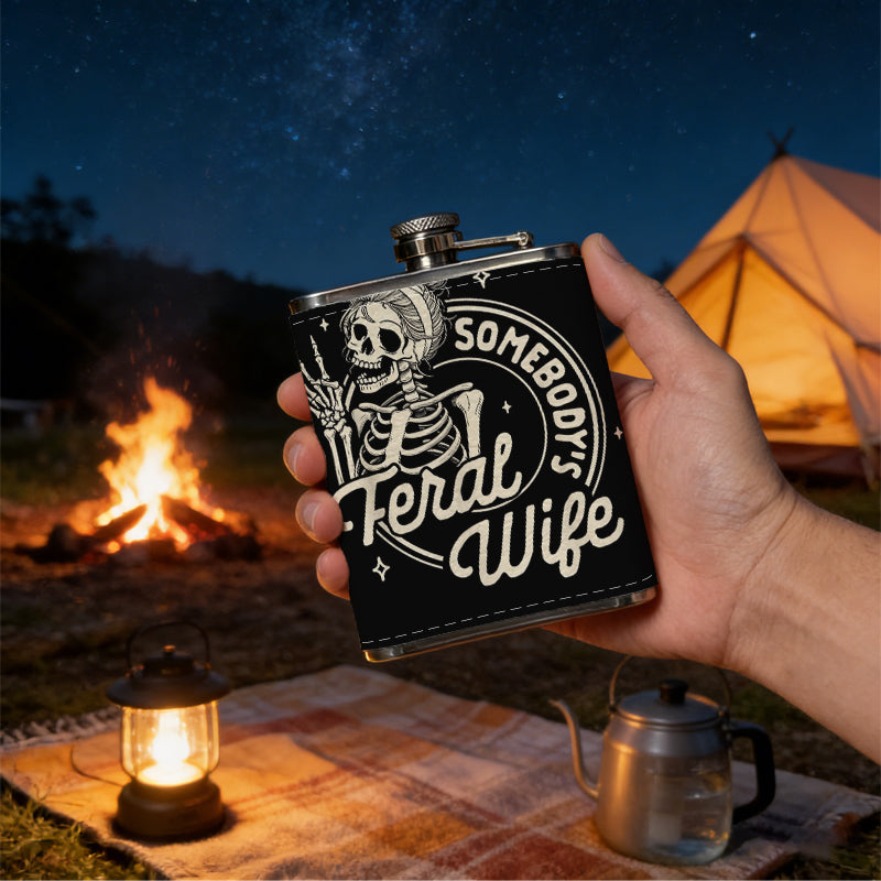 Cartoon skeleton text logo 8oz Flask, Stainless Steel Whiskey Bottle Gift  for Women, Home Kitchen Bar Tools, Gift Box, Holiday Gift, Christmas, Valentine's Day, Girlfriend, Mom, Present