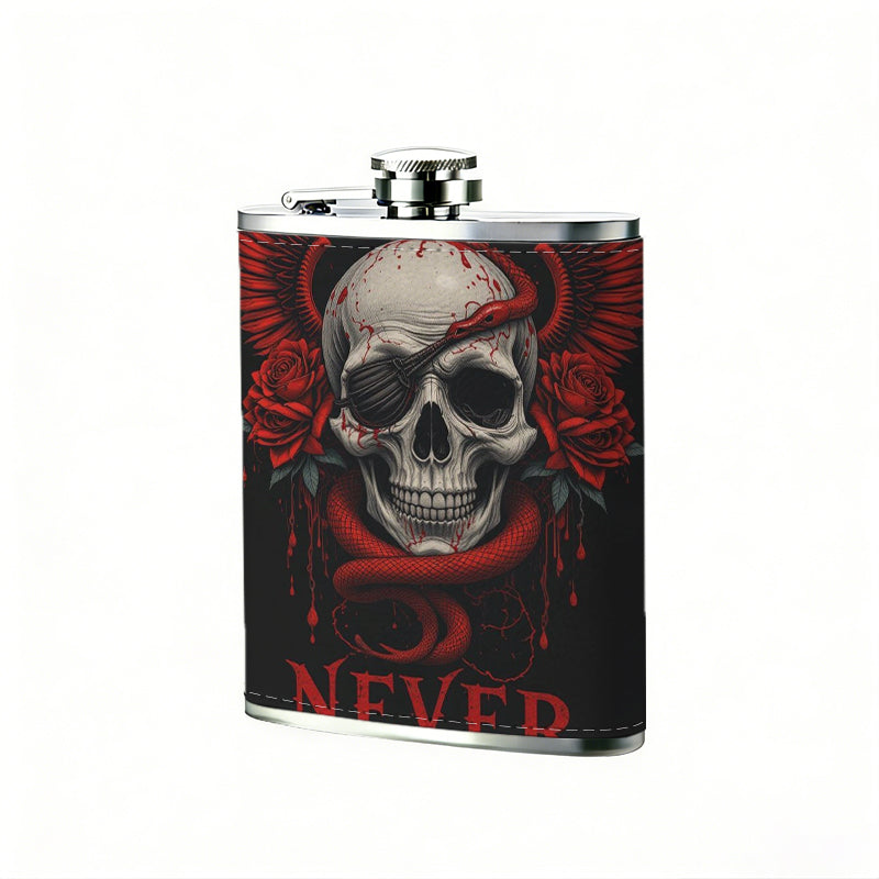 Skull with red wings and text on dark background 8oz Flask, Stainless Steel Whiskey Bottle Gift  for Women, Home Kitchen Bar Tools, Gift Box, Holiday Gift, Christmas, Valentine's Day, Girlfriend, Mom, Present