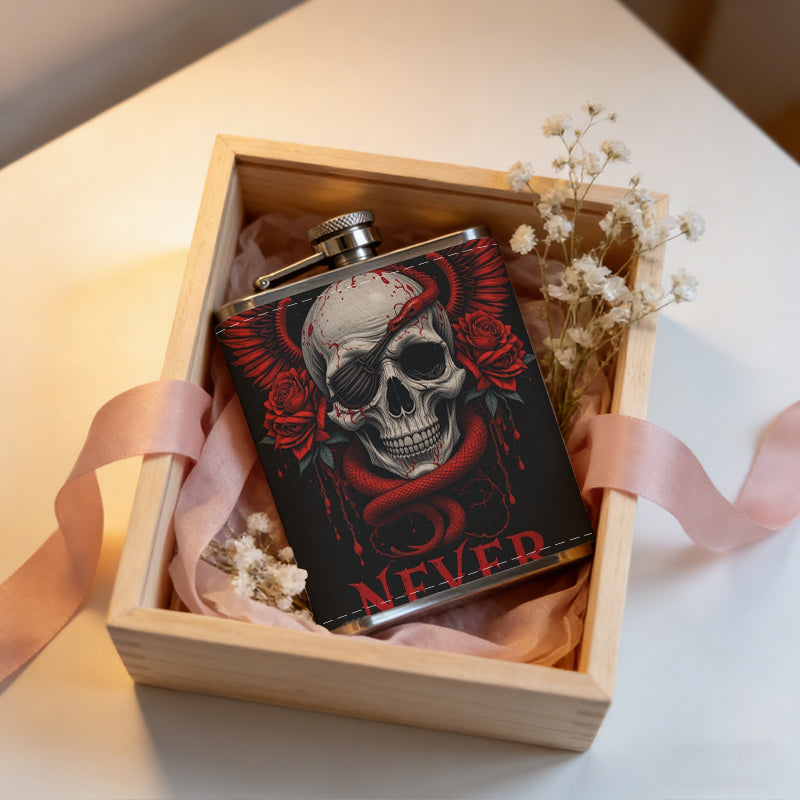 Skull with red wings and text on dark background 8oz Flask, Stainless Steel Whiskey Bottle Gift  for Women, Home Kitchen Bar Tools, Gift Box, Holiday Gift, Christmas, Valentine's Day, Girlfriend, Mom, Present