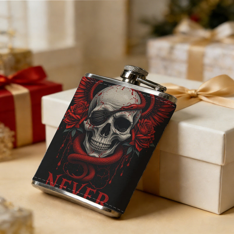 Skull with red wings and text on dark background 8oz Flask, Stainless Steel Whiskey Bottle Gift  for Women, Home Kitchen Bar Tools, Gift Box, Holiday Gift, Christmas, Valentine's Day, Girlfriend, Mom, Present