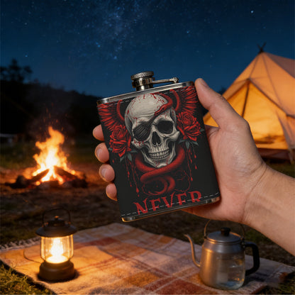 Skull with red wings and text on dark background 8oz Flask, Stainless Steel Whiskey Bottle Gift  for Women, Home Kitchen Bar Tools, Gift Box, Holiday Gift, Christmas, Valentine's Day, Girlfriend, Mom, Present