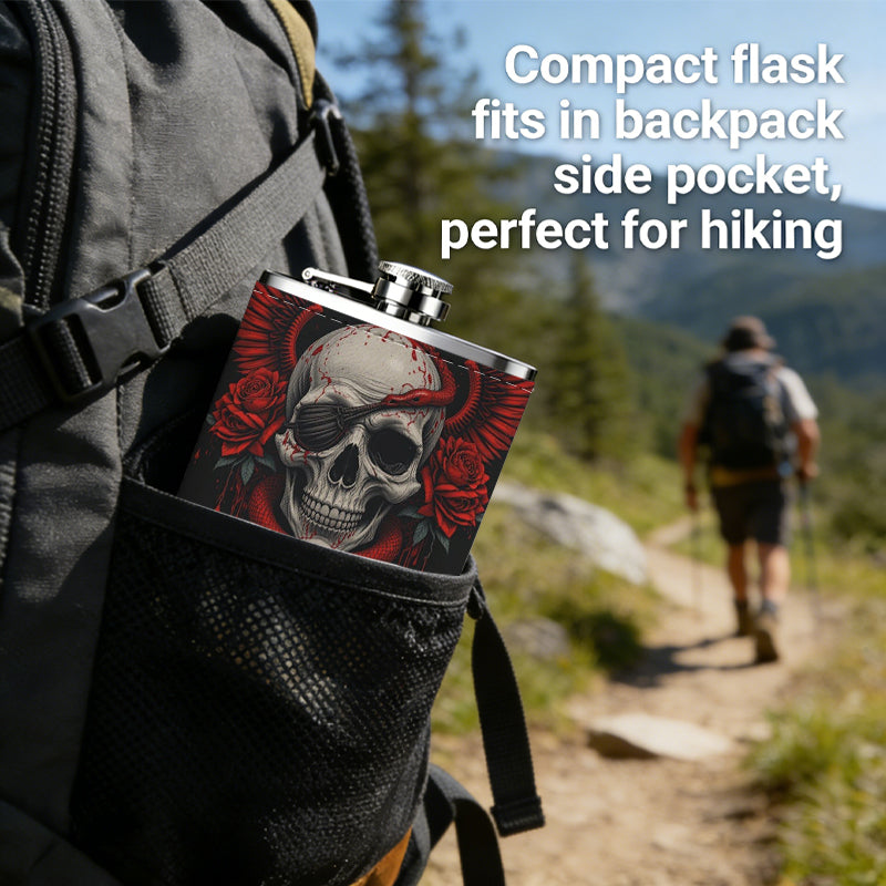 Skull with red wings and text on dark background 8oz Flask, Stainless Steel Whiskey Bottle Gift  for Women, Home Kitchen Bar Tools, Gift Box, Holiday Gift, Christmas, Valentine's Day, Girlfriend, Mom, Present