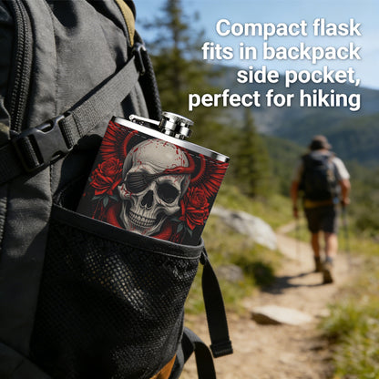 Skull with red wings and text on dark background 8oz Flask, Stainless Steel Whiskey Bottle Gift  for Women, Home Kitchen Bar Tools, Gift Box, Holiday Gift, Christmas, Valentine's Day, Girlfriend, Mom, Present