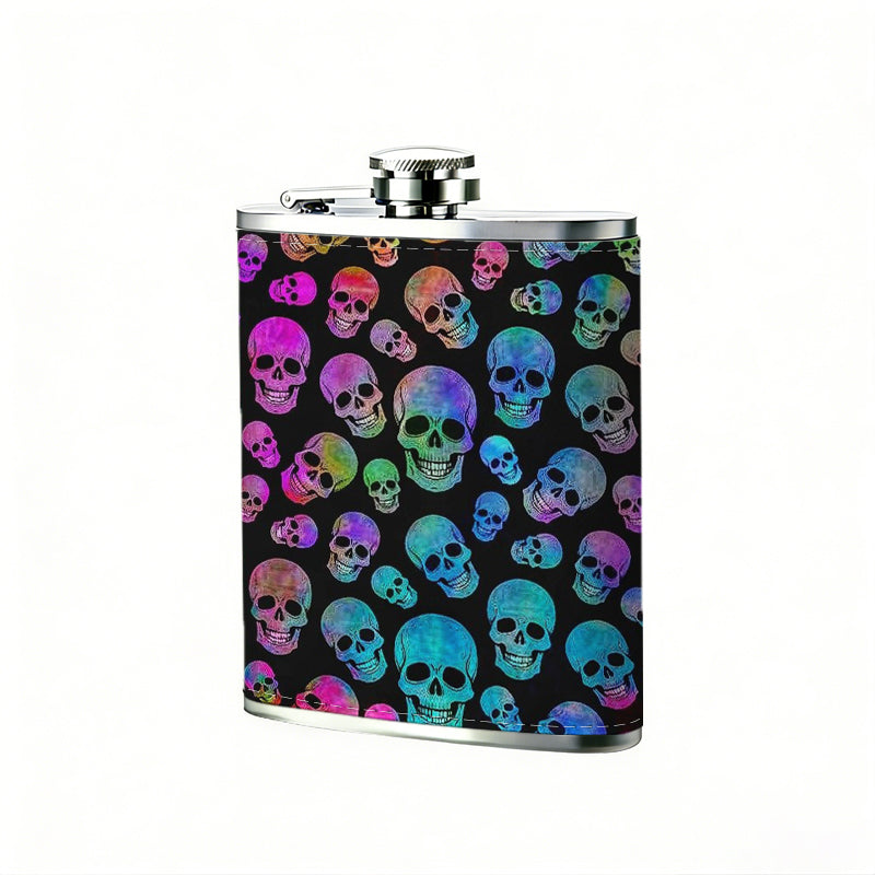 Colorful skulls pattern 8oz Flask, Stainless Steel Whiskey Bottle Gift  for Women, Home Kitchen Bar Tools, Gift Box, Holiday Gift, Christmas, Valentine's Day, Girlfriend, Mom, Present