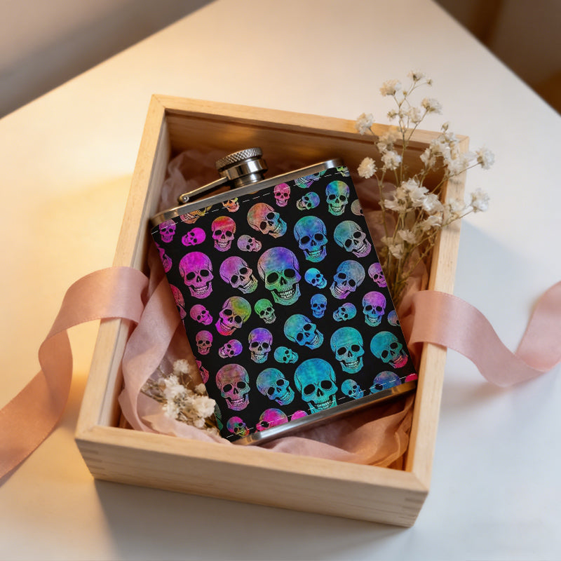 Colorful skulls pattern 8oz Flask, Stainless Steel Whiskey Bottle Gift  for Women, Home Kitchen Bar Tools, Gift Box, Holiday Gift, Christmas, Valentine's Day, Girlfriend, Mom, Present