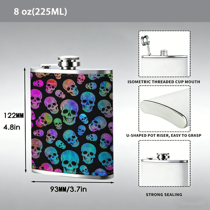 Colorful skulls pattern 8oz Flask, Stainless Steel Whiskey Bottle Gift  for Women, Home Kitchen Bar Tools, Gift Box, Holiday Gift, Christmas, Valentine's Day, Girlfriend, Mom, Present
