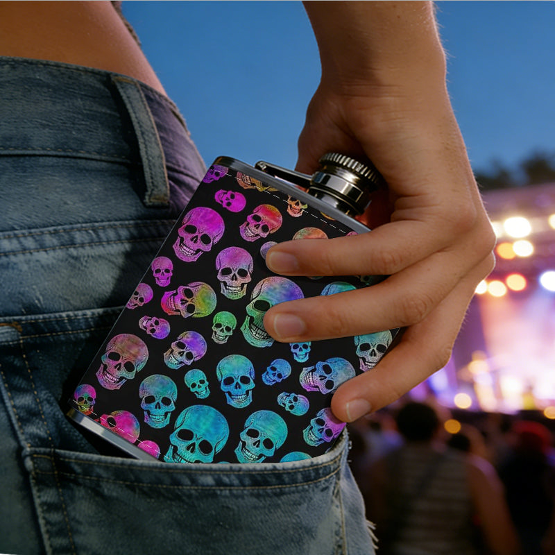 Colorful skulls pattern 8oz Flask, Stainless Steel Whiskey Bottle Gift  for Women, Home Kitchen Bar Tools, Gift Box, Holiday Gift, Christmas, Valentine's Day, Girlfriend, Mom, Present