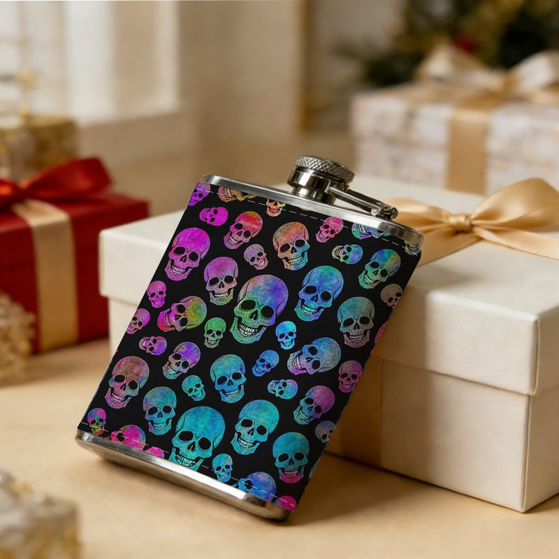 Colorful skulls pattern 8oz Flask, Stainless Steel Whiskey Bottle Gift  for Women, Home Kitchen Bar Tools, Gift Box, Holiday Gift, Christmas, Valentine's Day, Girlfriend, Mom, Present