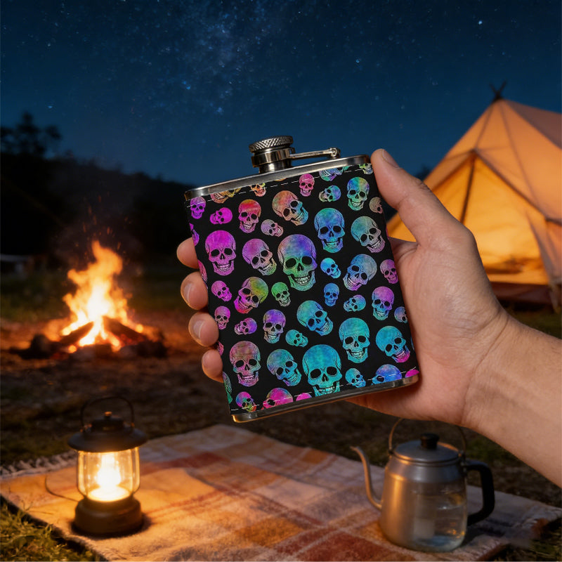 Colorful skulls pattern 8oz Flask, Stainless Steel Whiskey Bottle Gift  for Women, Home Kitchen Bar Tools, Gift Box, Holiday Gift, Christmas, Valentine's Day, Girlfriend, Mom, Present