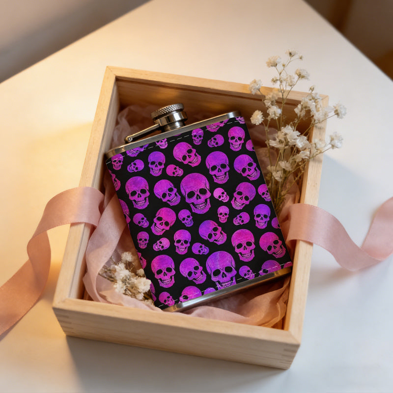 Purple skull pattern 8oz Flask, Stainless Steel Whiskey Bottle Gift  for Women, Home Kitchen Bar Tools, Gift Box, Holiday Gift, Christmas, Valentine's Day, Girlfriend, Mom, Present