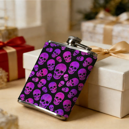 Purple skull pattern 8oz Flask, Stainless Steel Whiskey Bottle Gift  for Women, Home Kitchen Bar Tools, Gift Box, Holiday Gift, Christmas, Valentine's Day, Girlfriend, Mom, Present