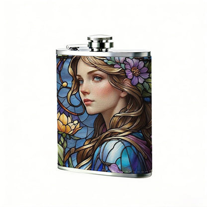 Stained glass portrait of woman with flowers 8oz Flask, Stainless Steel Whiskey Bottle Gift  for Women, Home Kitchen Bar Tools, Gift Box, Holiday Gift, Christmas, Valentine's Day, Girlfriend, Mom, Present