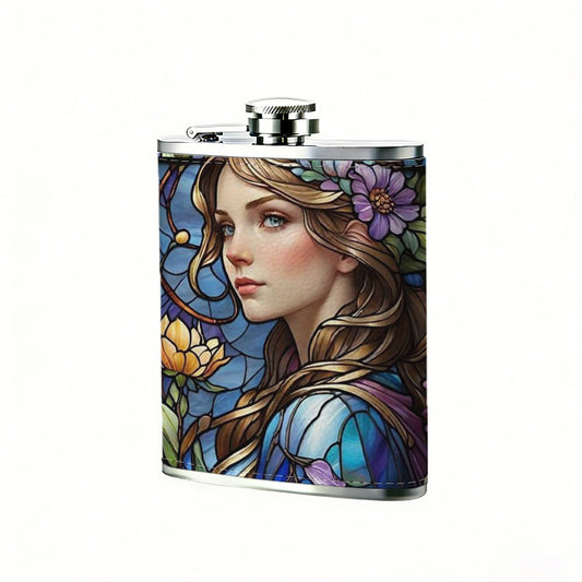 Stained glass portrait of woman with flowers 8oz Flask, Stainless Steel Whiskey Bottle Gift  for Women, Home Kitchen Bar Tools, Gift Box, Holiday Gift, Christmas, Valentine's Day, Girlfriend, Mom, Present