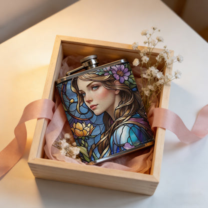 Stained glass portrait of woman with flowers 8oz Flask, Stainless Steel Whiskey Bottle Gift  for Women, Home Kitchen Bar Tools, Gift Box, Holiday Gift, Christmas, Valentine's Day, Girlfriend, Mom, Present