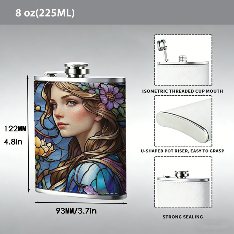 Stained glass portrait of woman with flowers 8oz Flask, Stainless Steel Whiskey Bottle Gift  for Women, Home Kitchen Bar Tools, Gift Box, Holiday Gift, Christmas, Valentine's Day, Girlfriend, Mom, Present