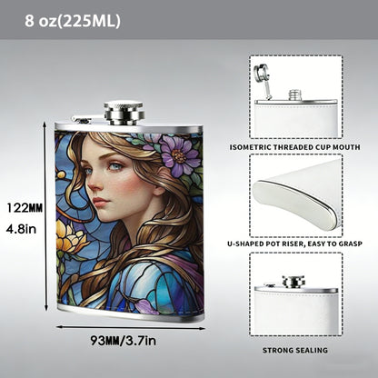 Stained glass portrait of woman with flowers 8oz Flask, Stainless Steel Whiskey Bottle Gift  for Women, Home Kitchen Bar Tools, Gift Box, Holiday Gift, Christmas, Valentine's Day, Girlfriend, Mom, Present
