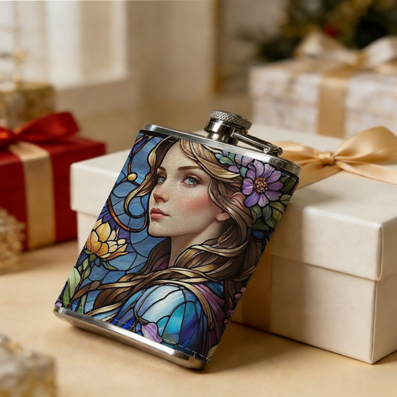 Stained glass portrait of woman with flowers 8oz Flask, Stainless Steel Whiskey Bottle Gift  for Women, Home Kitchen Bar Tools, Gift Box, Holiday Gift, Christmas, Valentine's Day, Girlfriend, Mom, Present