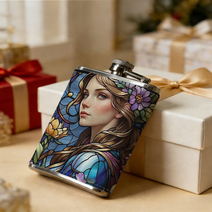 Stained glass portrait of woman with flowers 8oz Flask, Stainless Steel Whiskey Bottle Gift  for Women, Home Kitchen Bar Tools, Gift Box, Holiday Gift, Christmas, Valentine's Day, Girlfriend, Mom, Present