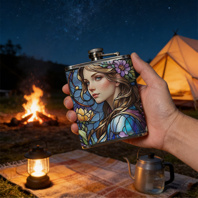 Stained glass portrait of woman with flowers 8oz Flask, Stainless Steel Whiskey Bottle Gift  for Women, Home Kitchen Bar Tools, Gift Box, Holiday Gift, Christmas, Valentine's Day, Girlfriend, Mom, Present