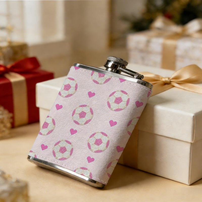 Pink pattern with hearts and circles 8oz Flask, Stainless Steel Whiskey Bottle Gift  for Women, Home Kitchen Bar Tools, Gift Box, Holiday Gift, Christmas, Valentine's Day, Girlfriend, Mom, Present