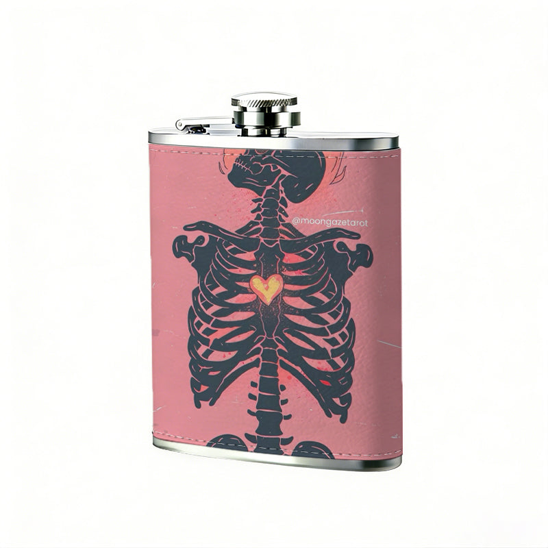 A skeletal design on pink background 8oz Flask, Stainless Steel Whiskey Bottle Gift  for Women, Home Kitchen Bar Tools, Gift Box, Holiday Gift, Christmas, Valentine's Day, Girlfriend, Mom, Present