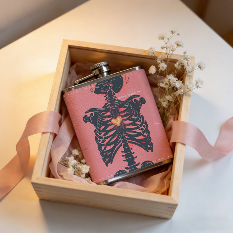 A skeletal design on pink background 8oz Flask, Stainless Steel Whiskey Bottle Gift  for Women, Home Kitchen Bar Tools, Gift Box, Holiday Gift, Christmas, Valentine's Day, Girlfriend, Mom, Present