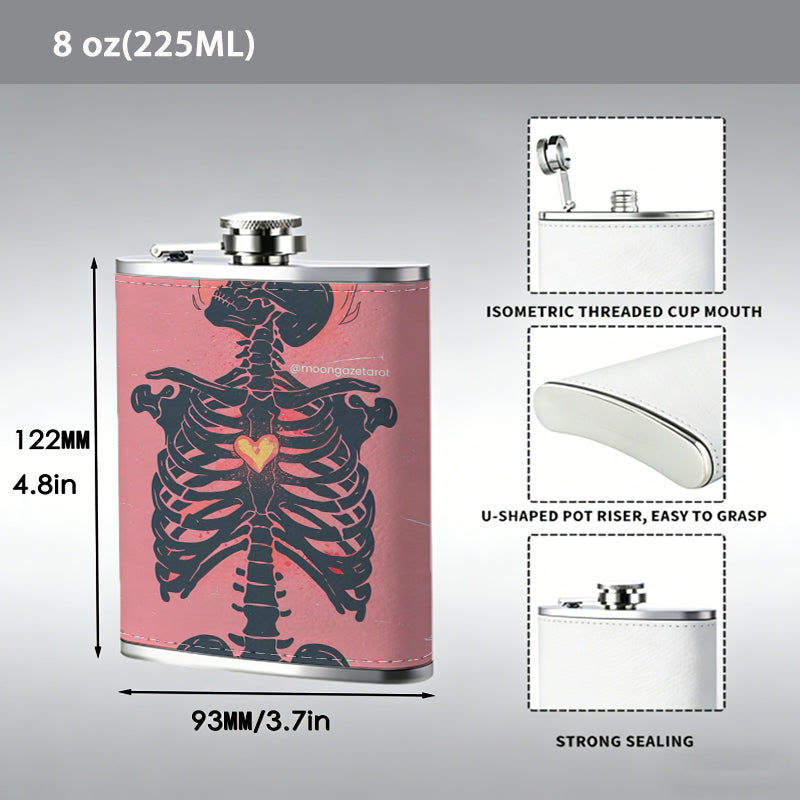A skeletal design on pink background 8oz Flask, Stainless Steel Whiskey Bottle Gift  for Women, Home Kitchen Bar Tools, Gift Box, Holiday Gift, Christmas, Valentine's Day, Girlfriend, Mom, Present