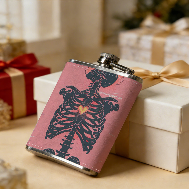 A skeletal design on pink background 8oz Flask, Stainless Steel Whiskey Bottle Gift  for Women, Home Kitchen Bar Tools, Gift Box, Holiday Gift, Christmas, Valentine's Day, Girlfriend, Mom, Present