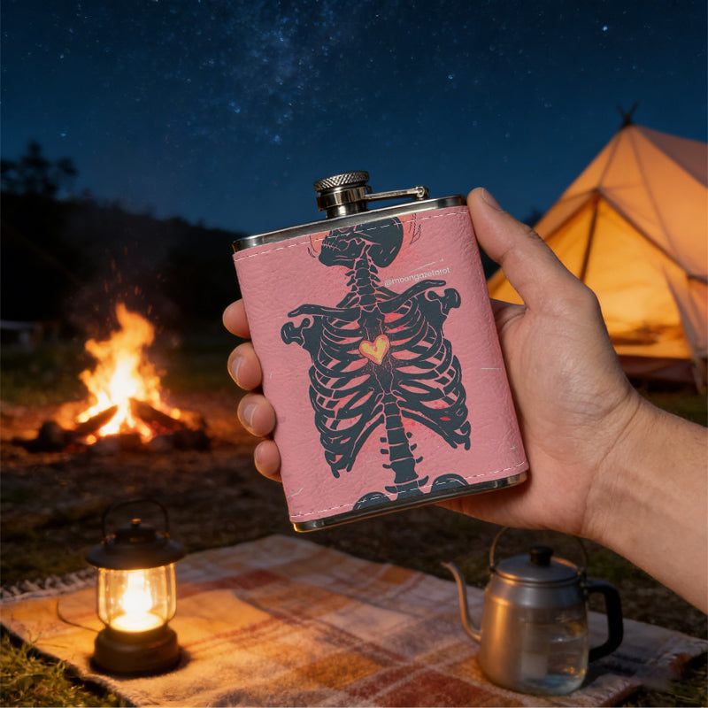 A skeletal design on pink background 8oz Flask, Stainless Steel Whiskey Bottle Gift  for Women, Home Kitchen Bar Tools, Gift Box, Holiday Gift, Christmas, Valentine's Day, Girlfriend, Mom, Present