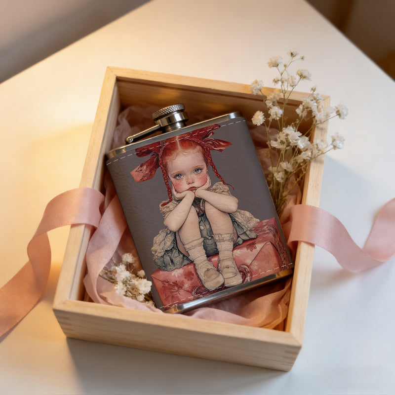 Doll with red bows on gift boxes 8oz Flask, Stainless Steel Whiskey Bottle Gift  for Women, Home Kitchen Bar Tools, Gift Box, Holiday Gift, Christmas, Valentine's Day, Girlfriend, Mom, Present