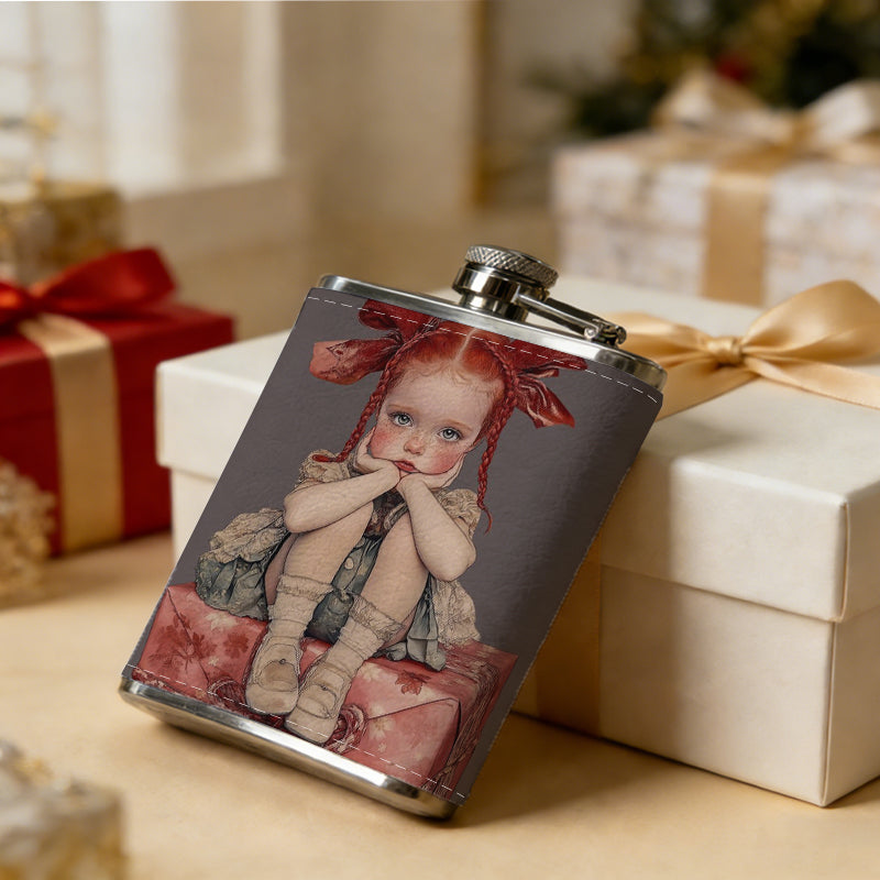 Doll with red bows on gift boxes 8oz Flask, Stainless Steel Whiskey Bottle Gift  for Women, Home Kitchen Bar Tools, Gift Box, Holiday Gift, Christmas, Valentine's Day, Girlfriend, Mom, Present