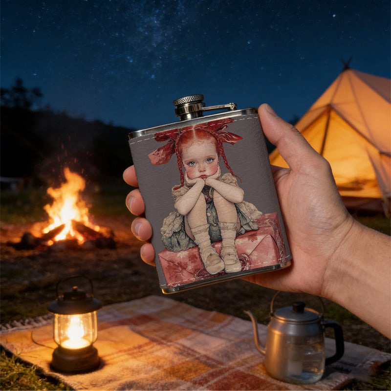 Doll with red bows on gift boxes 8oz Flask, Stainless Steel Whiskey Bottle Gift  for Women, Home Kitchen Bar Tools, Gift Box, Holiday Gift, Christmas, Valentine's Day, Girlfriend, Mom, Present
