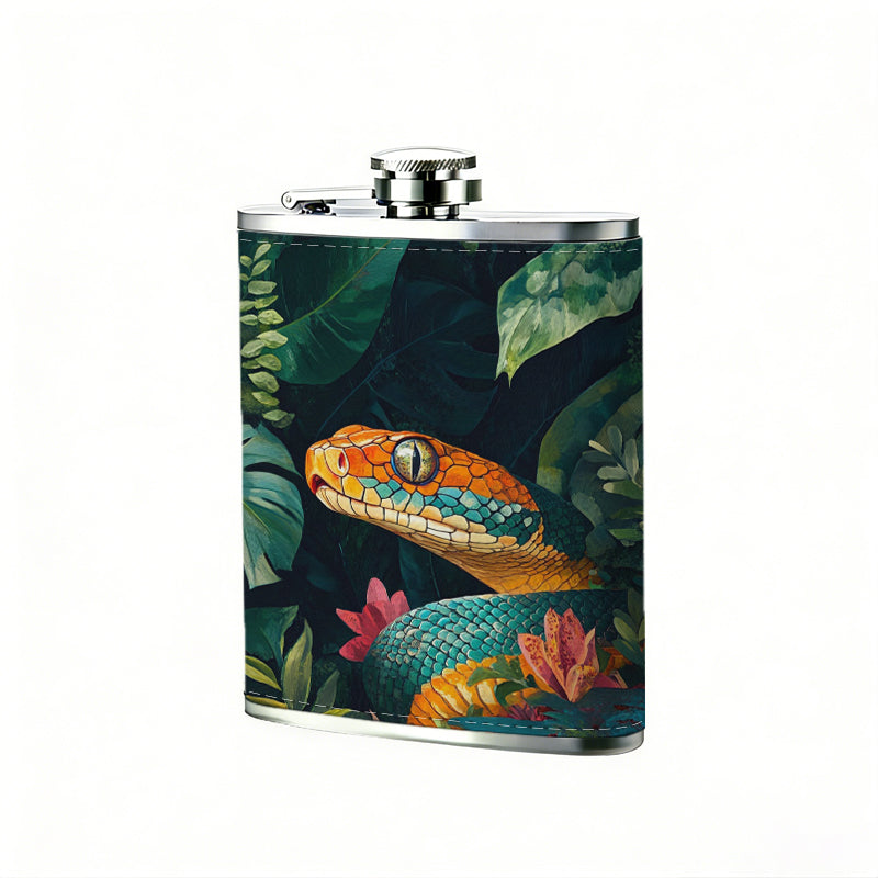 Colorful snake amidst tropical plants 8oz Flask, Stainless Steel Whiskey Bottle Gift  for Women, Home Kitchen Bar Tools, Gift Box, Holiday Gift, Christmas, Valentine's Day, Girlfriend, Mom, Present