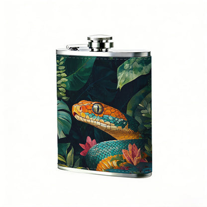 Colorful snake amidst tropical plants 8oz Flask, Stainless Steel Whiskey Bottle Gift  for Women, Home Kitchen Bar Tools, Gift Box, Holiday Gift, Christmas, Valentine's Day, Girlfriend, Mom, Present